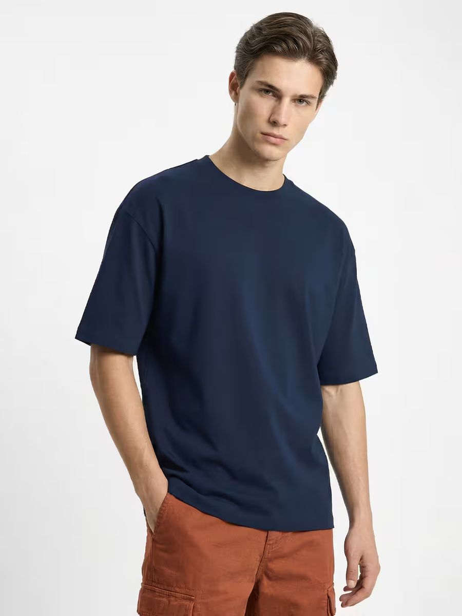 Men's Plain Navy Blue Round Neck Oversized T-Shirt 2
