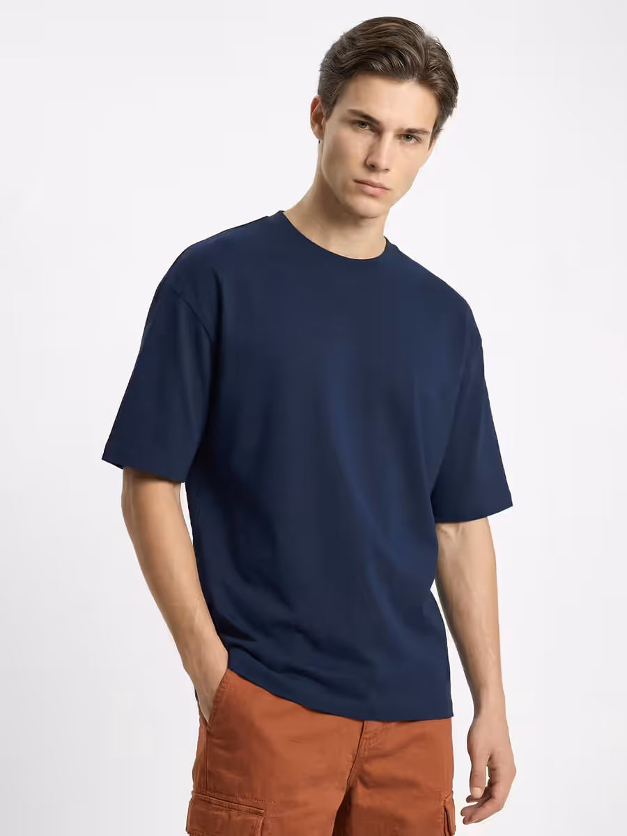 Men's Plain Navy Blue Round Neck Oversized T-Shirt 2