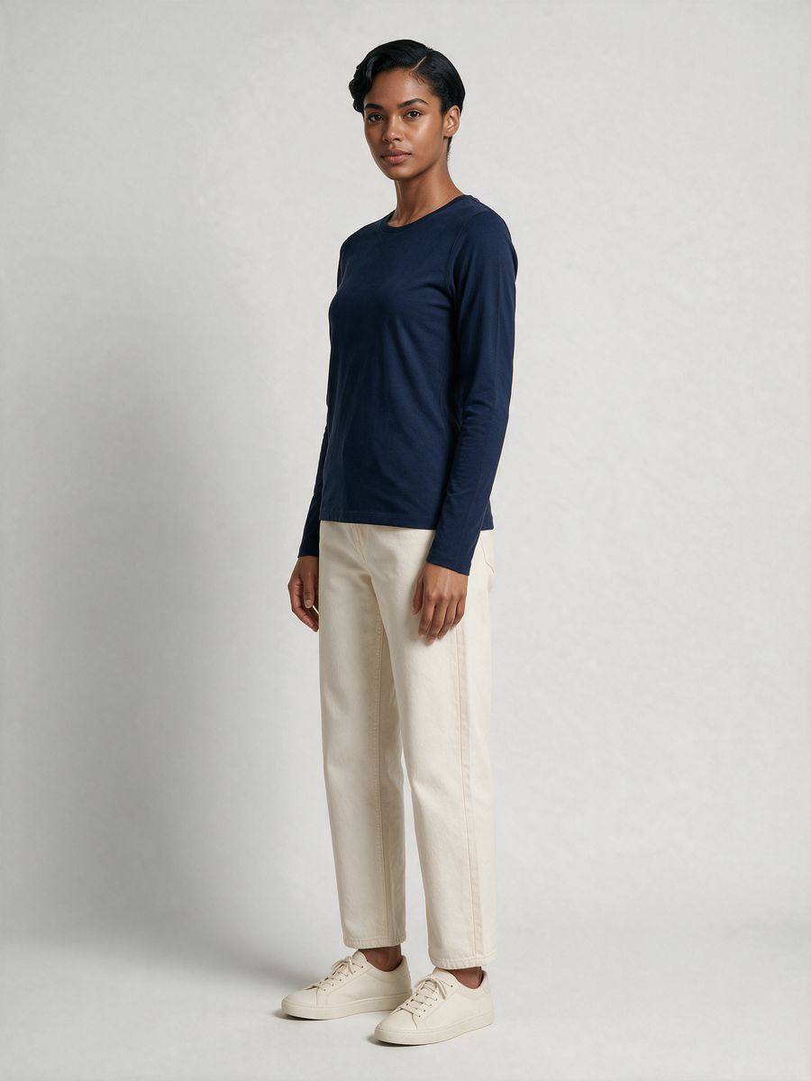 Women's Plain Navy Blue Full Sleeve Round Neck T-Shirt - alternate view 4