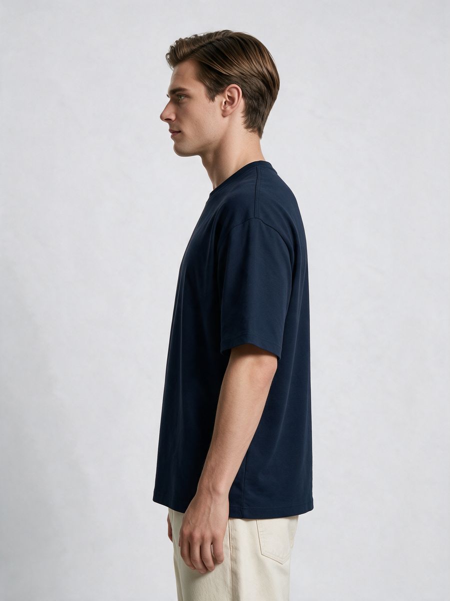 Men's Plain Navy Blue Round Neck Oversized T-Shirt - alternate view 3