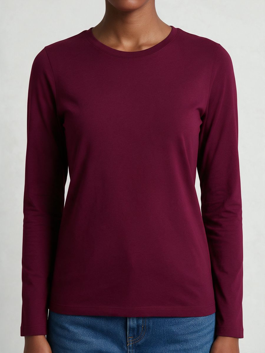 Women's Plain Maroon Full Sleeve Round Neck T-Shirt - alternate view 5
