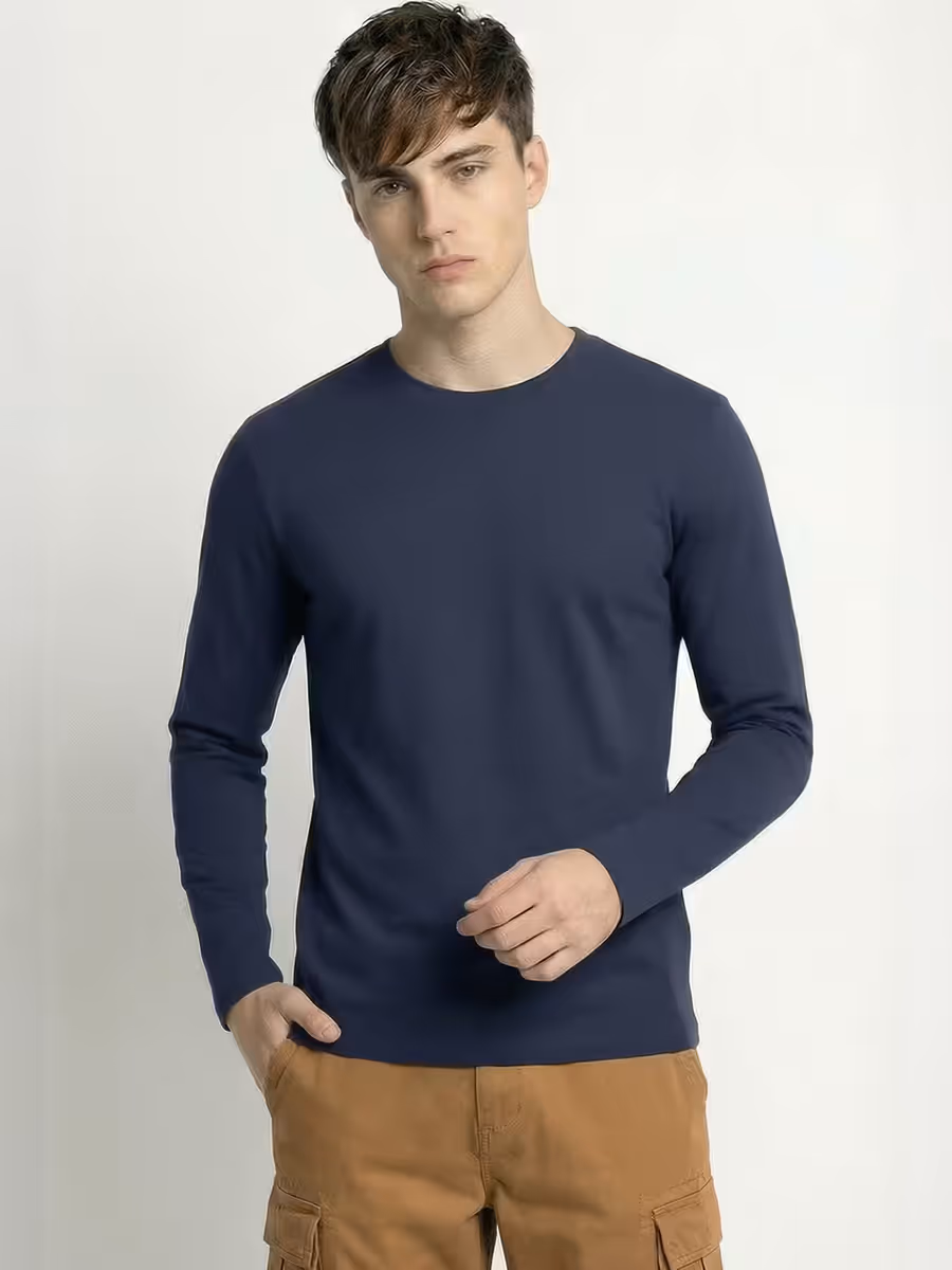 Men's Plain Navy Blue Full Sleeve Round Neck T-Shirt