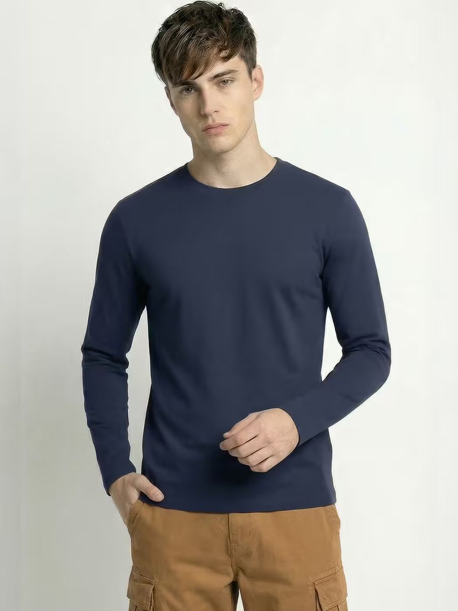 Men's Plain Navy Blue Full Sleeve Round Neck T-Shirt