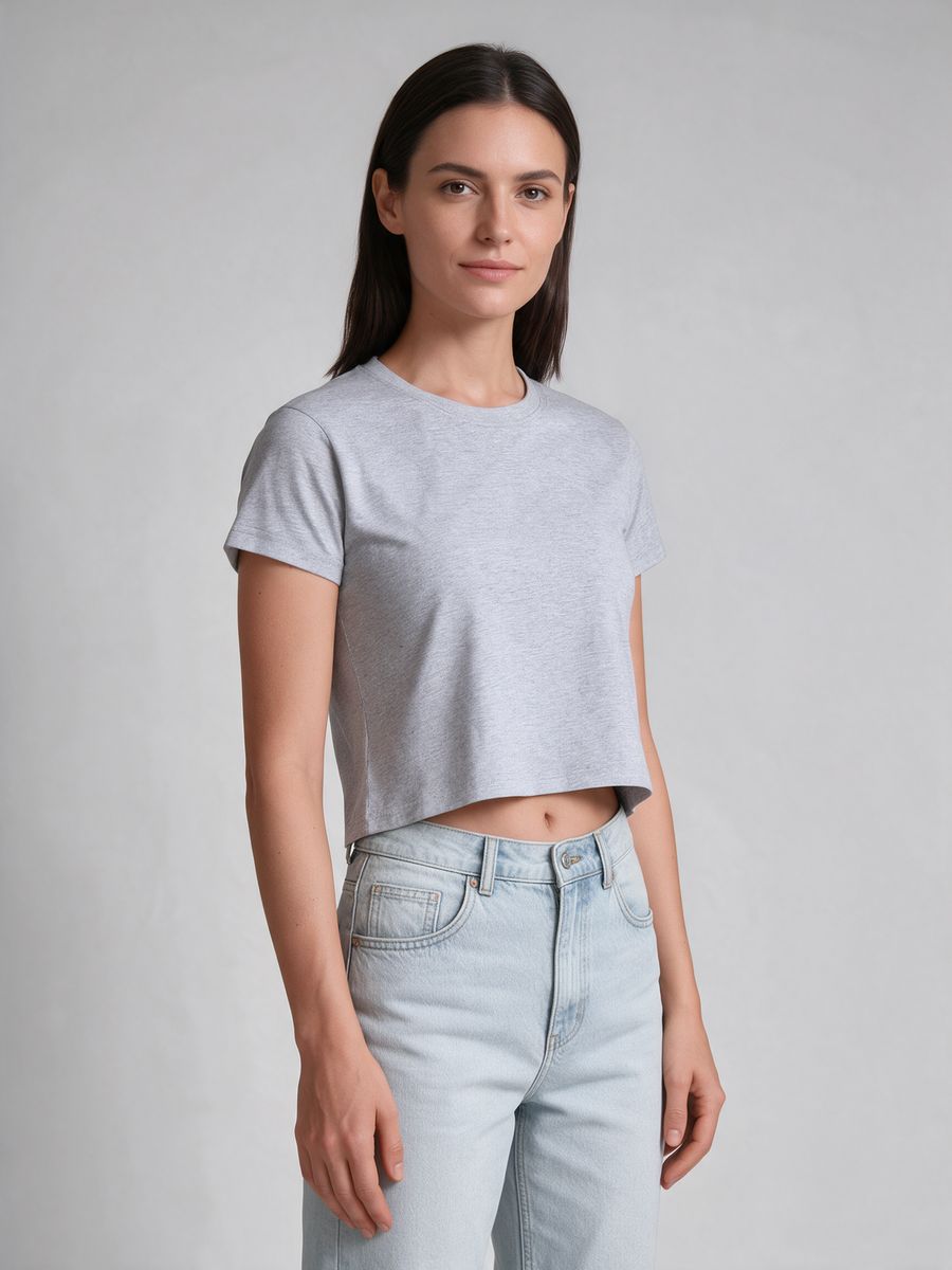 Women's Plain Grey Melange Half Sleeve Crop Top - alternate view 4
