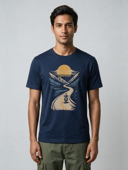 Long Way Biker T-Shirt For Men - Half Sleeve
