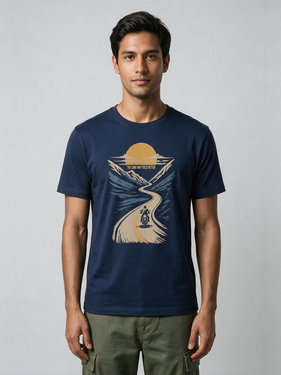 Long Way Biker T-Shirt For Men - Half Sleeve