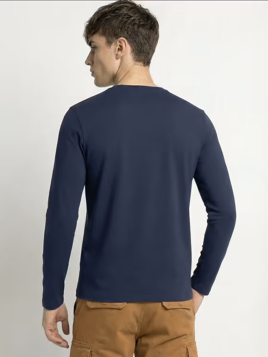 Men's Plain Navy Blue Full Sleeve Round Neck T-Shirt 5