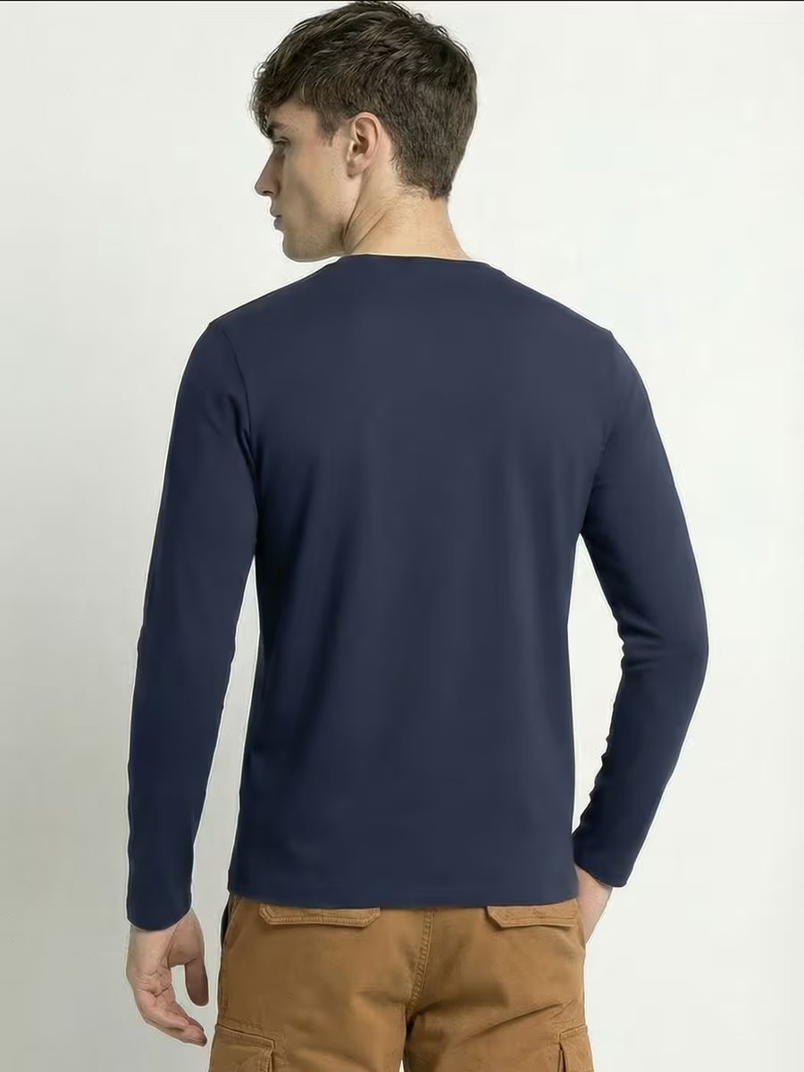 Men's Plain Navy Blue Full Sleeve Round Neck T-Shirt 5