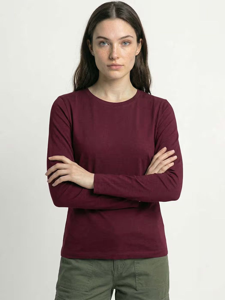 Women's Plain Maroon Full Sleeve Round Neck T-Shirt 5