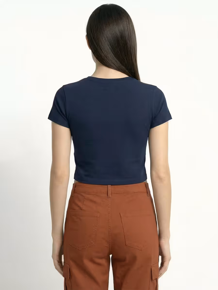 Women's Plain Navy Blue Half Sleeve Crop Top 2