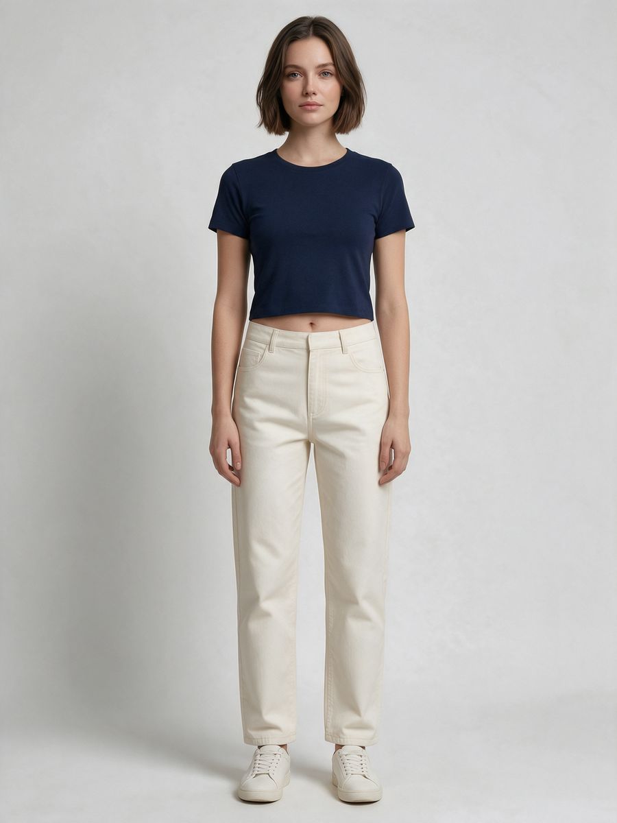 Women's Plain Navy Blue Half Sleeve Crop Top - alternate view 6