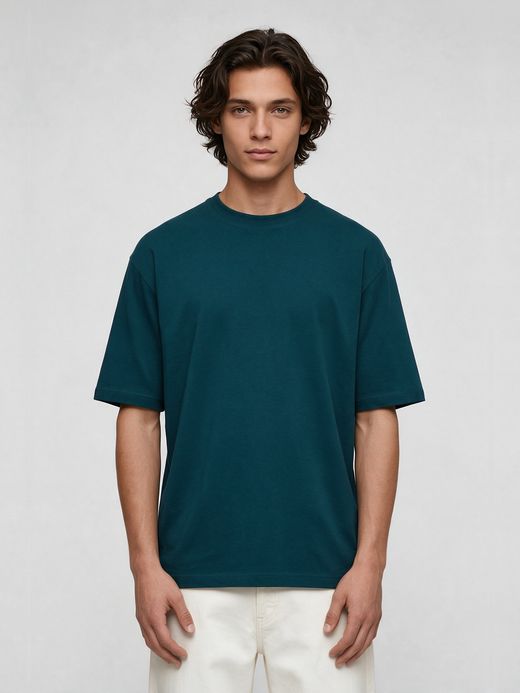 Men's Plain Petrol Round Neck Oversized T-Shirt