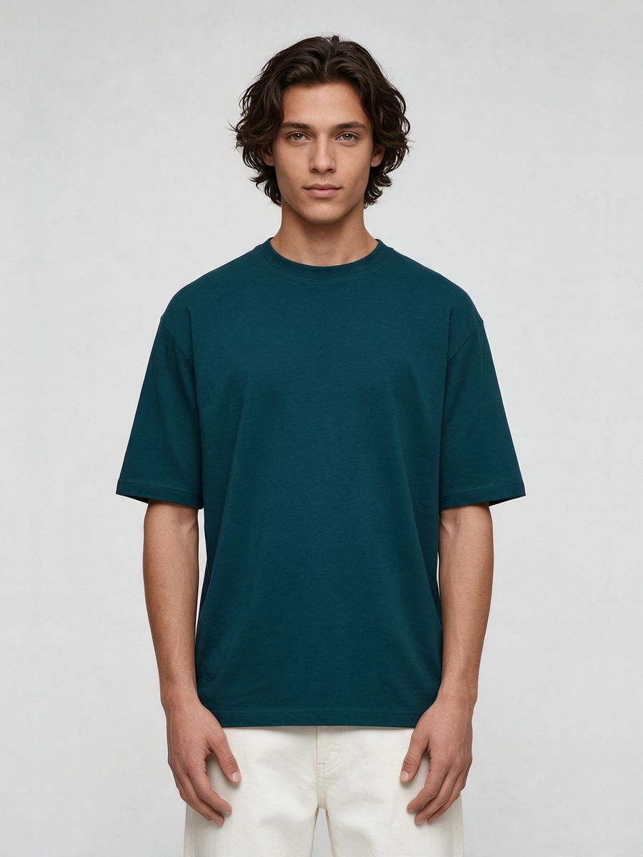 Men's Plain Petrol Round Neck Oversized T-Shirt