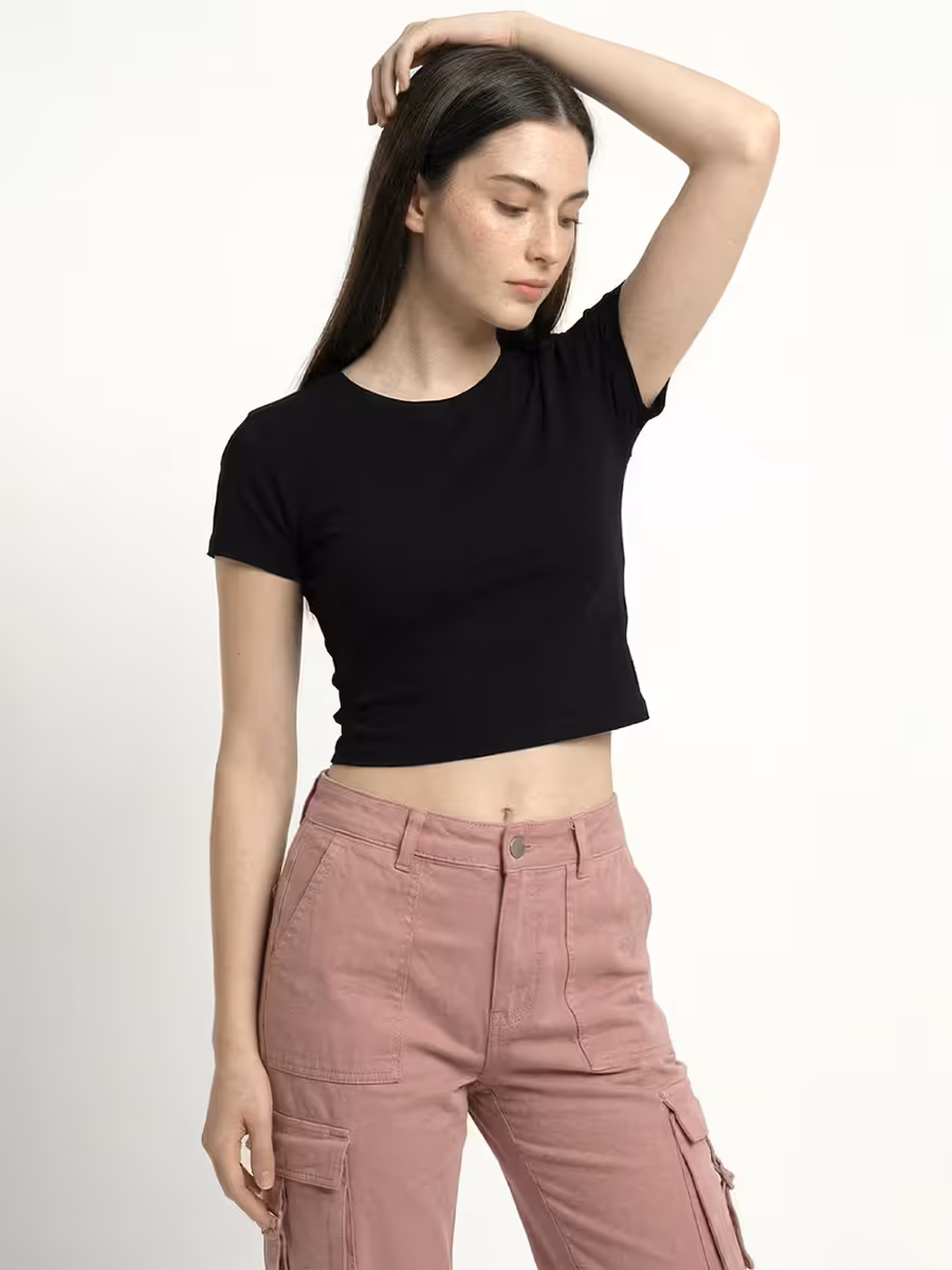 Women's Plain Black Half Sleeve Crop Top 5