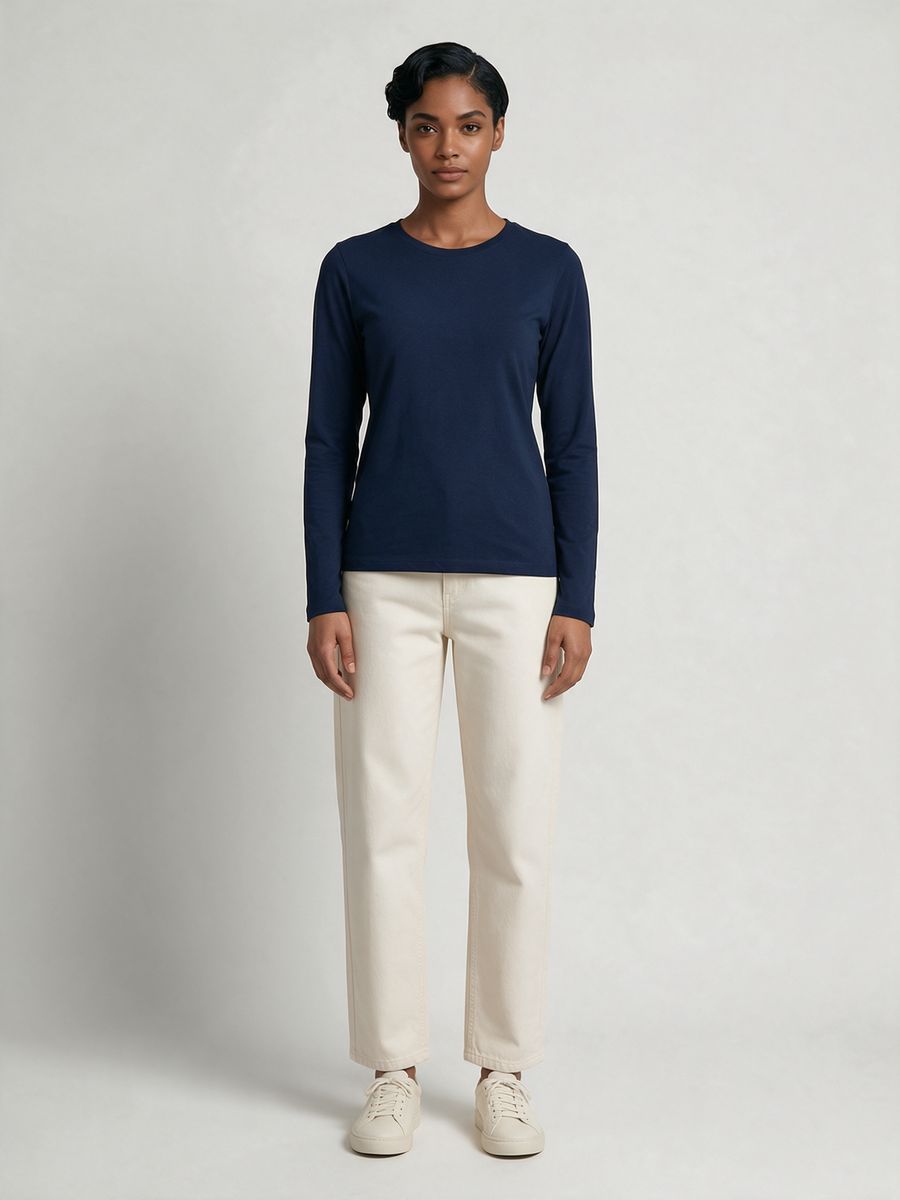 Women's Plain Navy Blue Full Sleeve Round Neck T-Shirt - alternate view 6