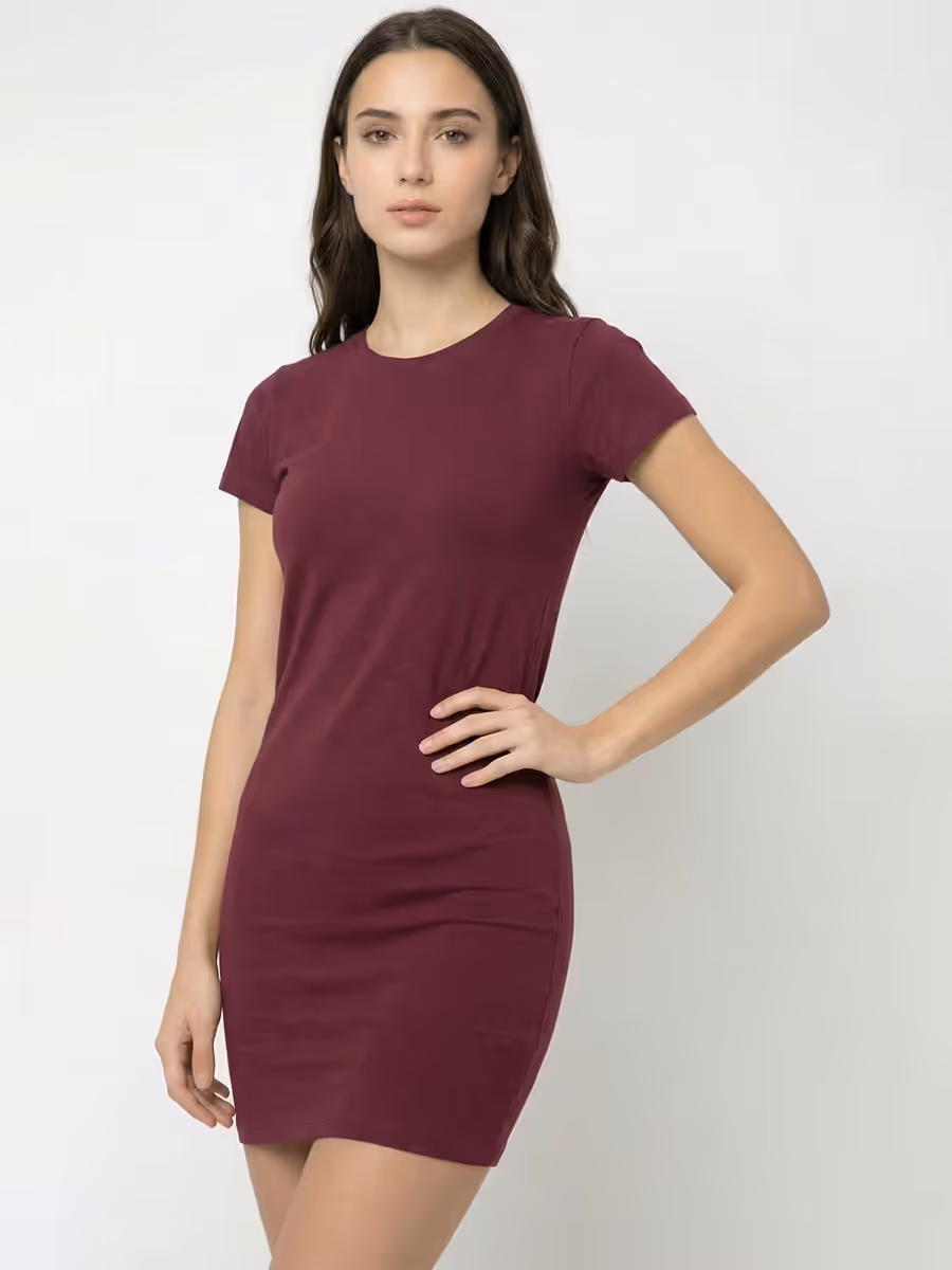Women's Plain Maroon Half Sleeve T-Shirt Dress 5