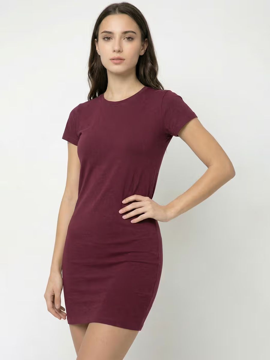 Women's Plain Maroon Half Sleeve T-Shirt Dress 5