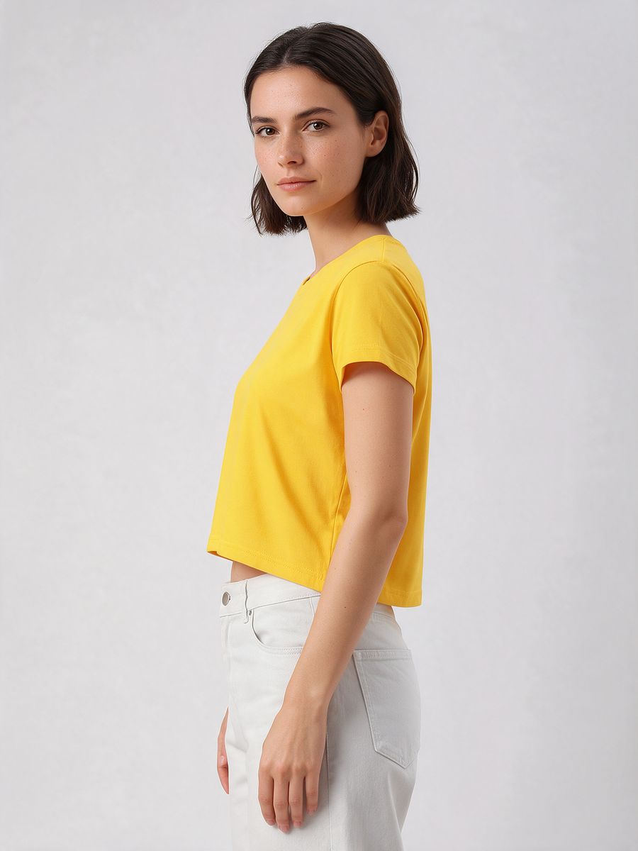 Women's Plain Yellow Half Sleeve Crop Top - alternate view 3