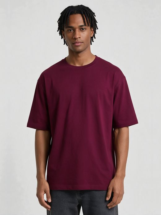 Men's Plain Maroon Round Neck Oversized T-Shirt