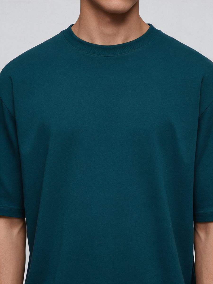 Men's Plain Petrol Round Neck Oversized T-Shirt - alternate view 5