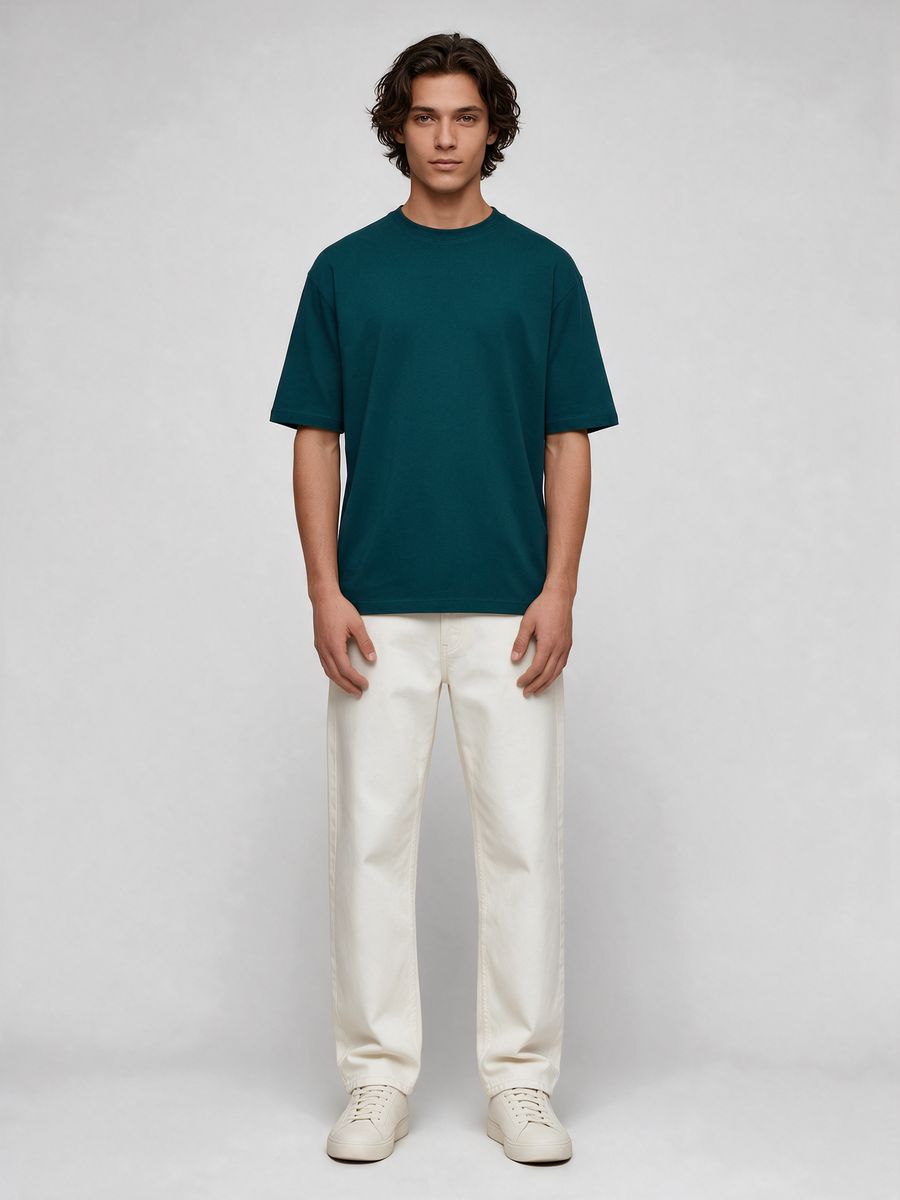 Men's Plain Petrol Round Neck Oversized T-Shirt - alternate view 6