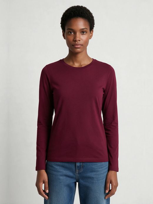 Women's Plain Maroon Full Sleeve Round Neck T-Shirt