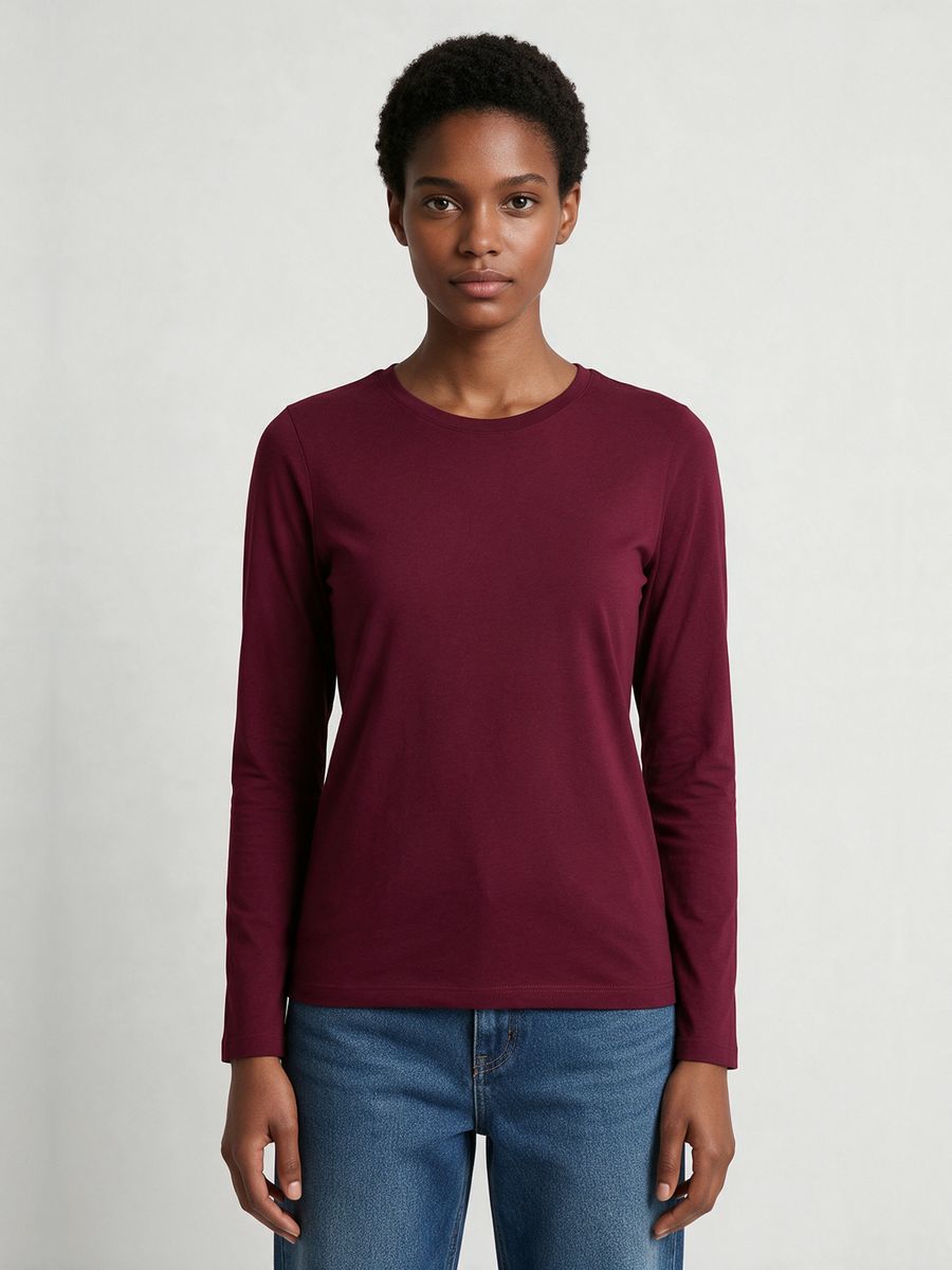 Women's Plain Maroon Full Sleeve Round Neck T-Shirt