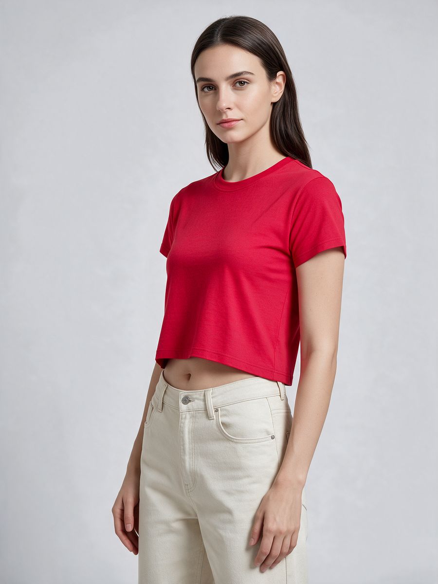 Women's Plain Red Half Sleeve Crop Top - alternate view 4