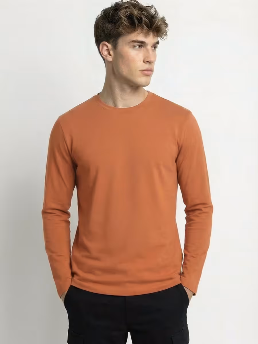 Men's Plain Saffron Full Sleeve Round Neck T-Shirt
