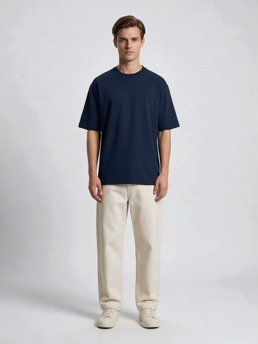 Men's Plain Navy Blue Round Neck Oversized T-Shirt - alternate view 6