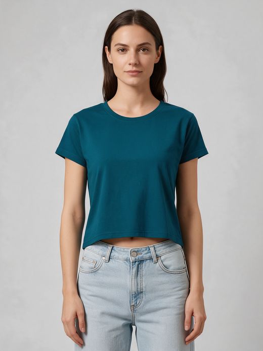 Women's Plain Petrol Half Sleeve Crop Top