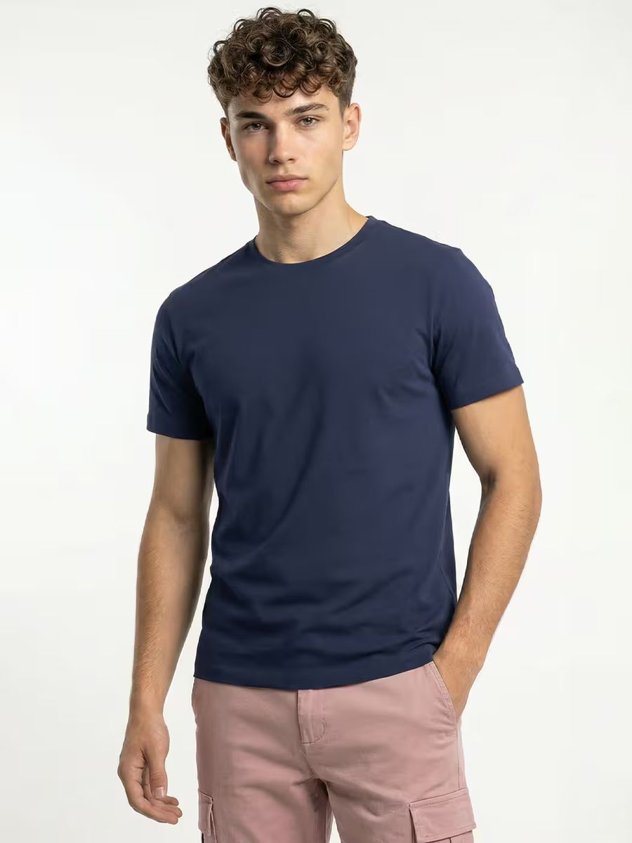 Men's Plain Navy Blue Half Sleeve Round Neck T-Shirt