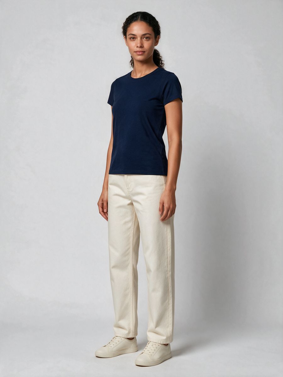 Women's Plain Navy Blue Half Sleeve Round Neck T-Shirt - alternate view 4