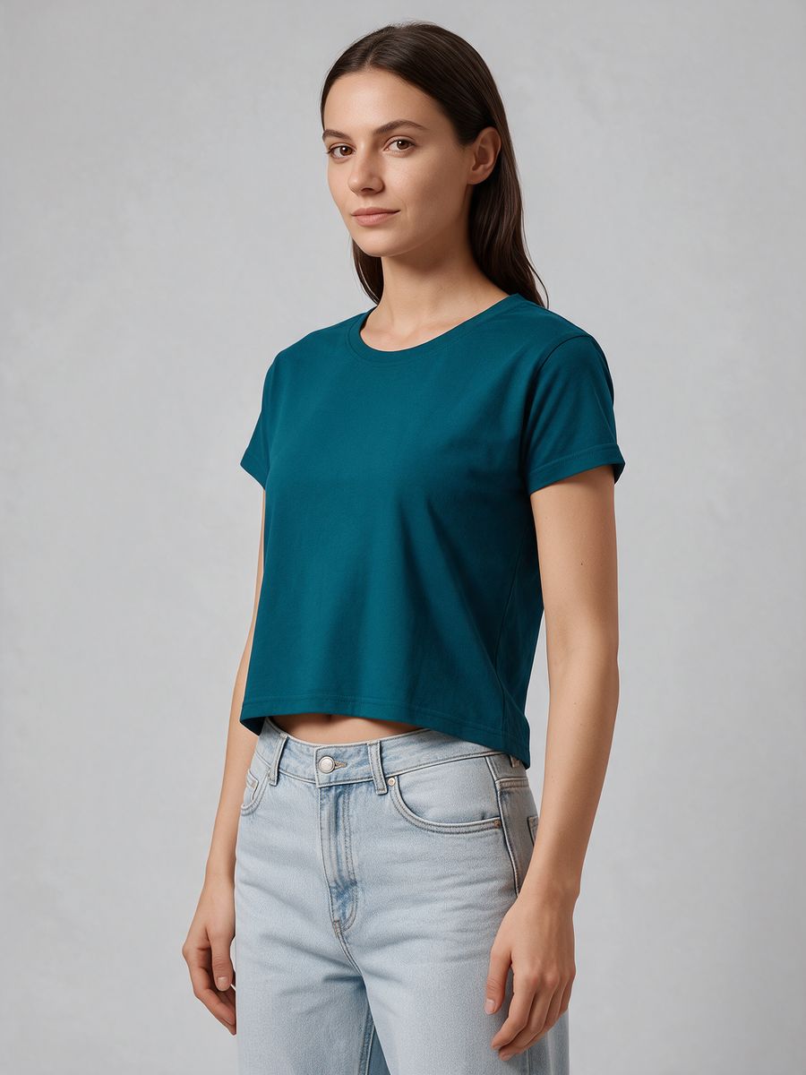 Women's Plain Petrol Half Sleeve Crop Top - alternate view 4