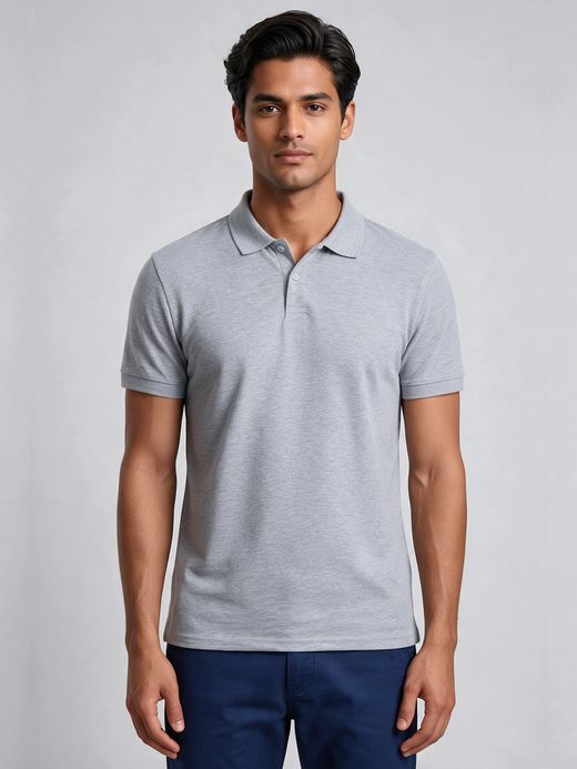 Men's Plain Grey Melange Half Sleeve Polo T-Shirt