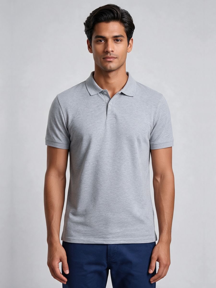Men's Plain Grey Melange Half Sleeve Polo T-Shirt