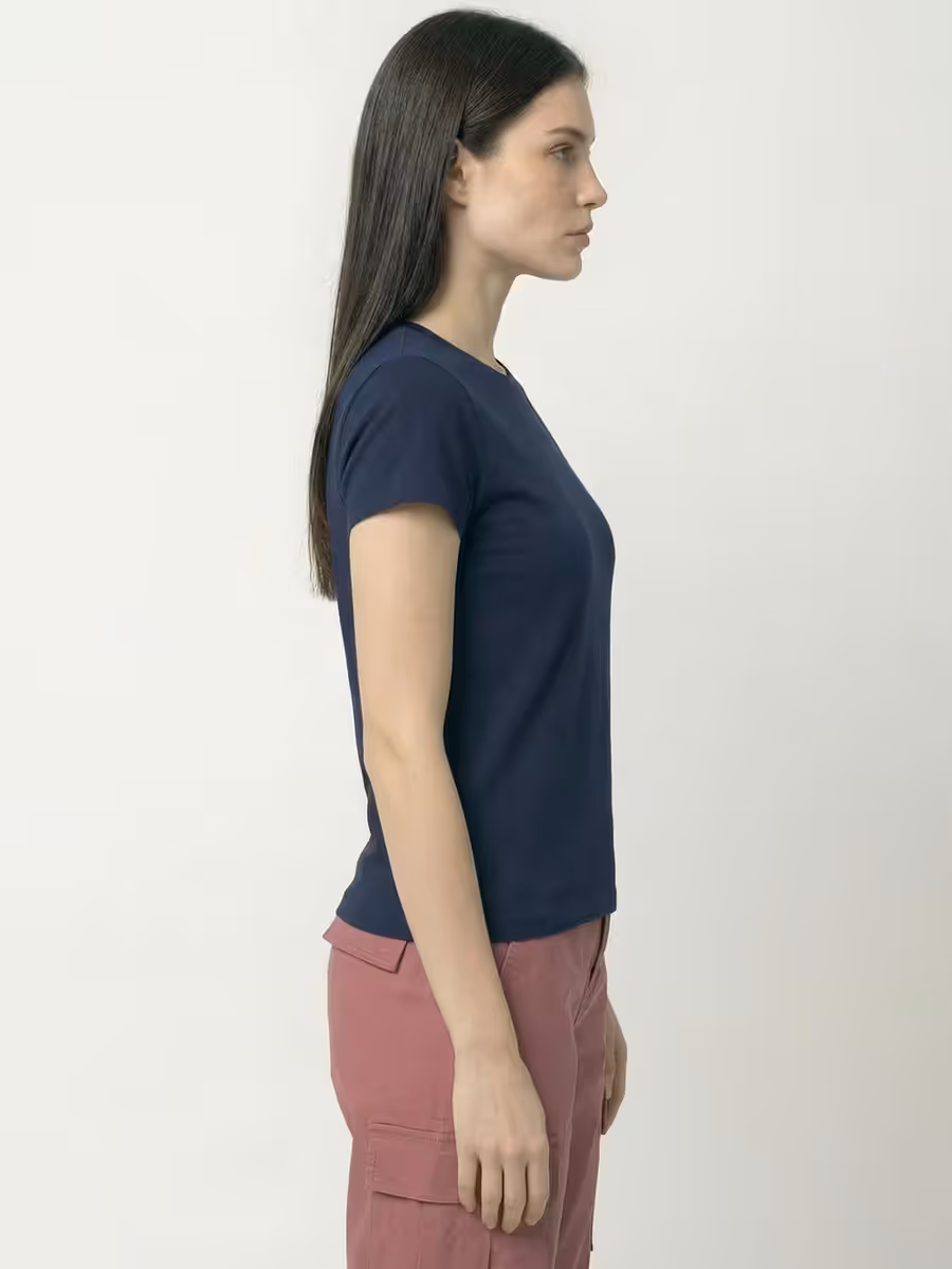 Women's Plain Navy Blue Half Sleeve Round Neck T-Shirt 3