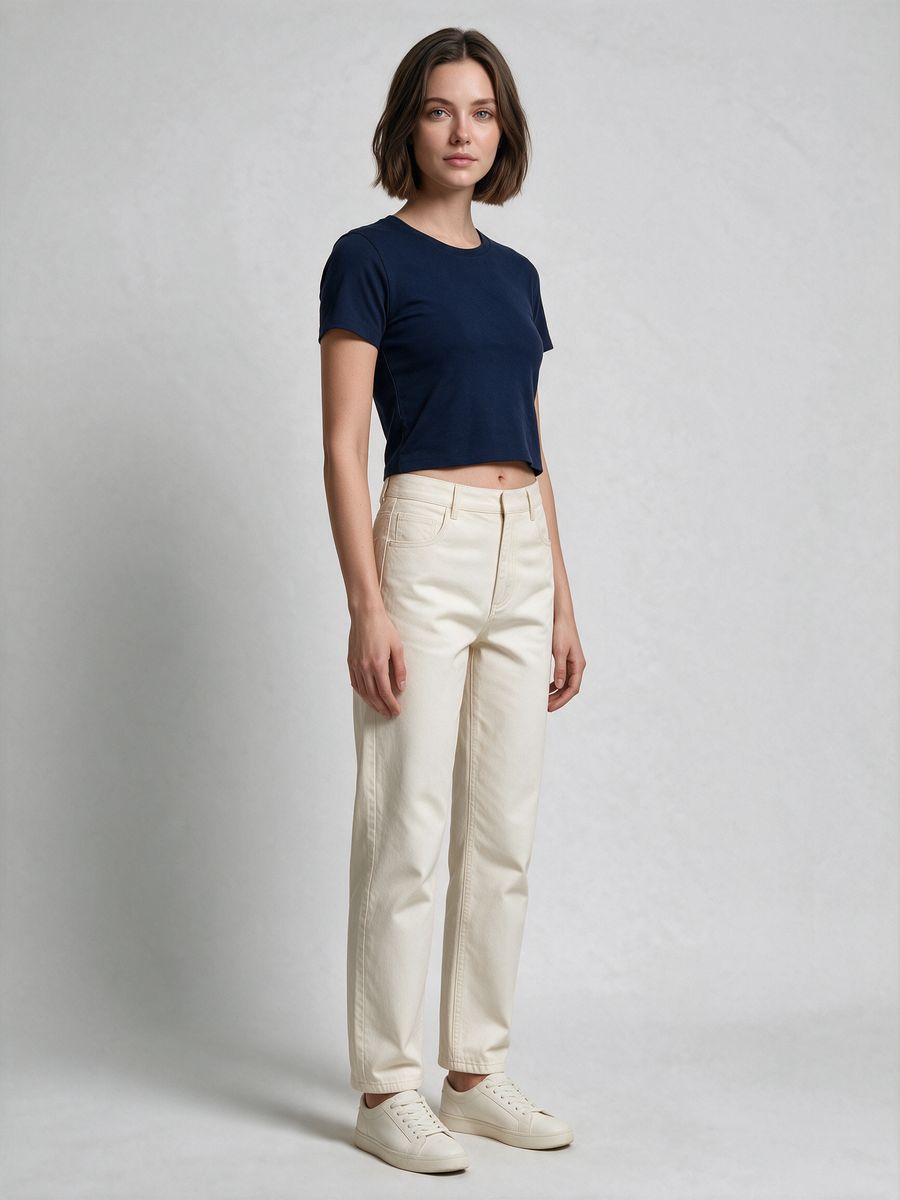 Women's Plain Navy Blue Half Sleeve Crop Top - alternate view 4