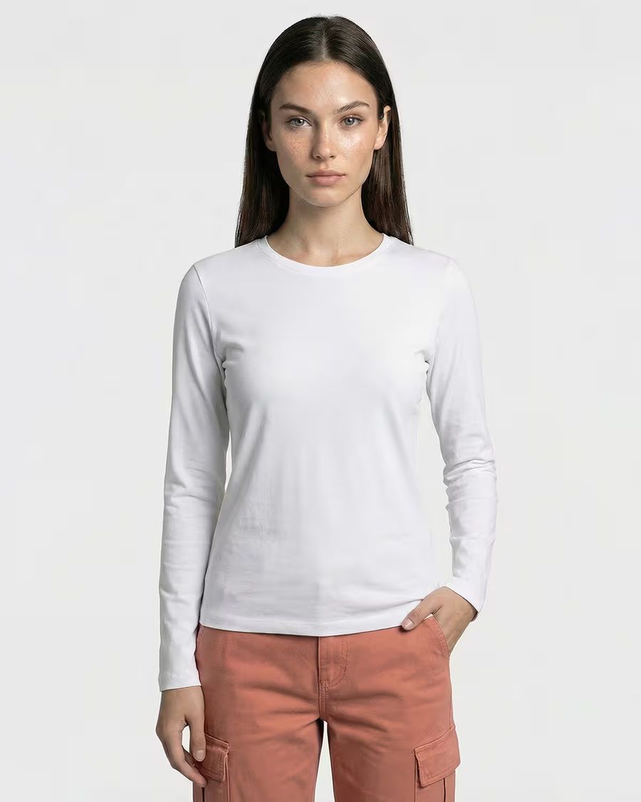 Women's Plain White Full Sleeve Round Neck T-Shirt