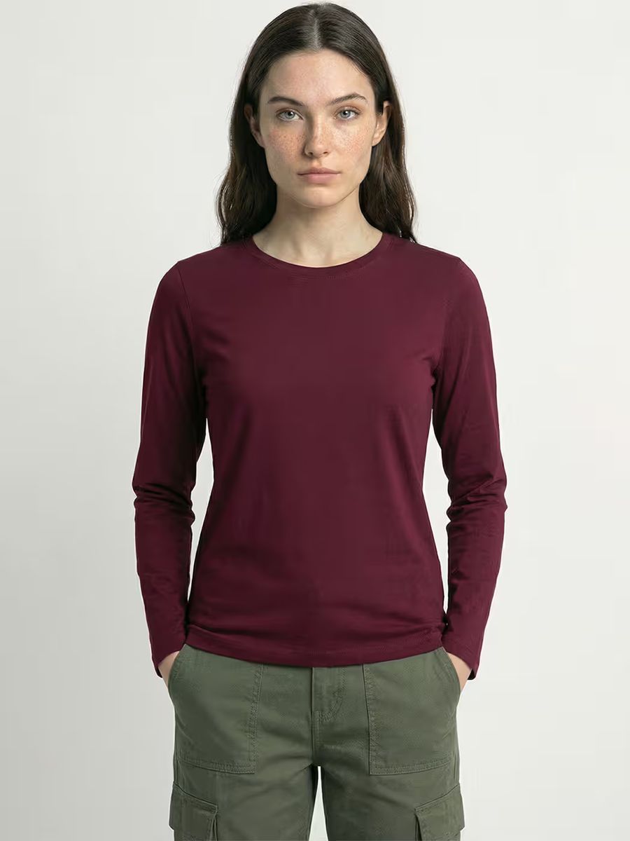 Women's Plain Maroon Full Sleeve Round Neck T-Shirt