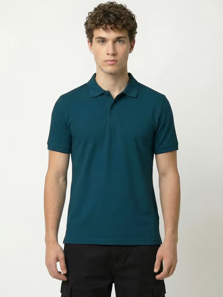 Men's Plain Petrol Half Sleeve Polo T-Shirt