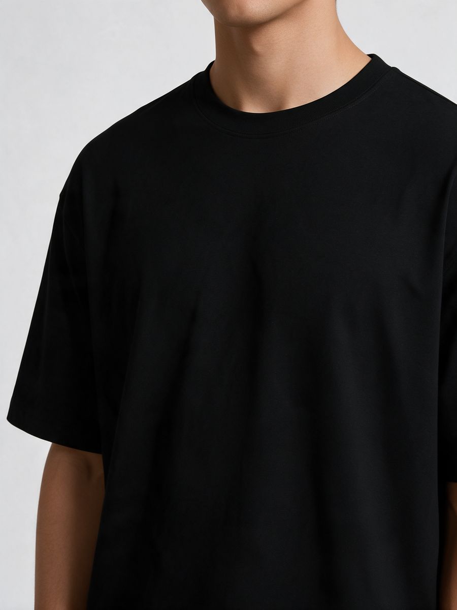 Men's Plain Black Round Neck Oversized T-Shirt - alternate view 5