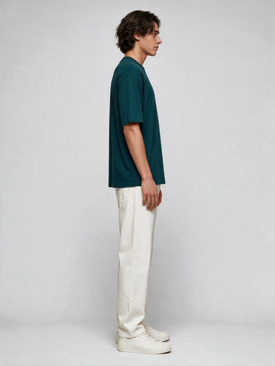 Men's Plain Petrol Round Neck Oversized T-Shirt - alternate view 3