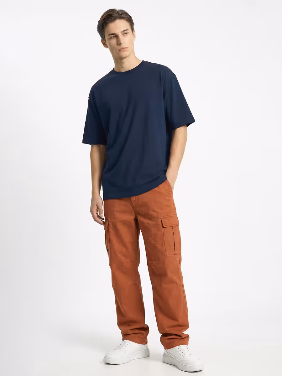 Men's Plain Navy Blue Round Neck Oversized T-Shirt 4