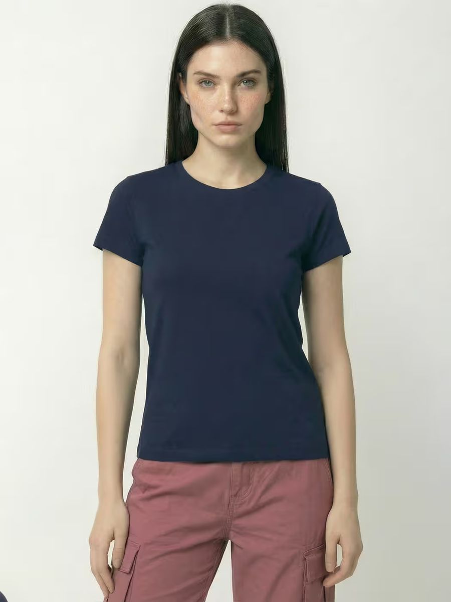 Women's Plain Navy Blue Half Sleeve Round Neck T-Shirt