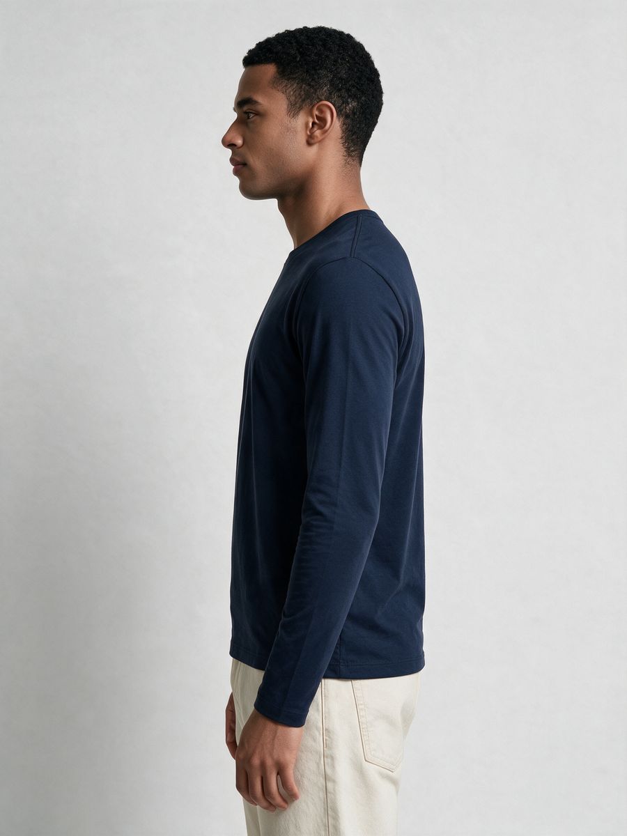 Men's Plain Navy Blue Full Sleeve Round Neck T-Shirt - alternate view 3