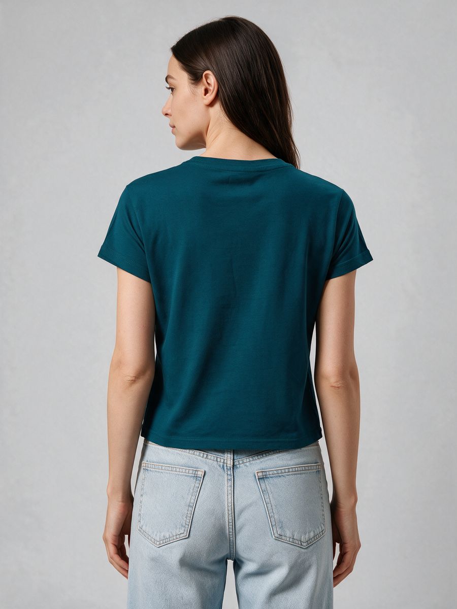Women's Plain Petrol Half Sleeve Crop Top - alternate view 2