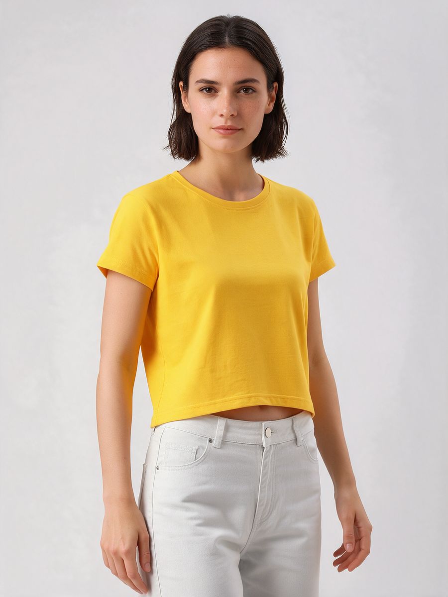 Women's Plain Yellow Half Sleeve Crop Top - alternate view 4