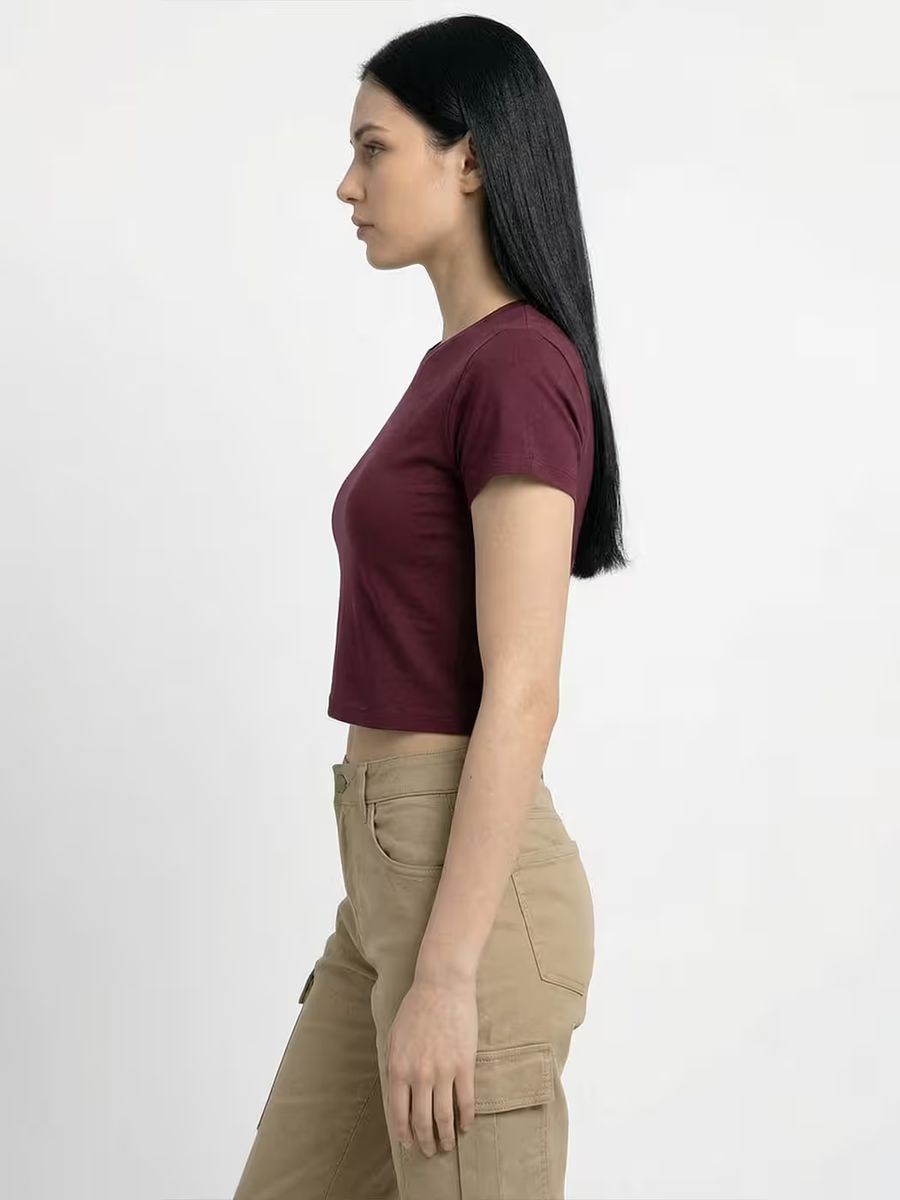 Women's Plain Maroon Half Sleeve Crop Top 3