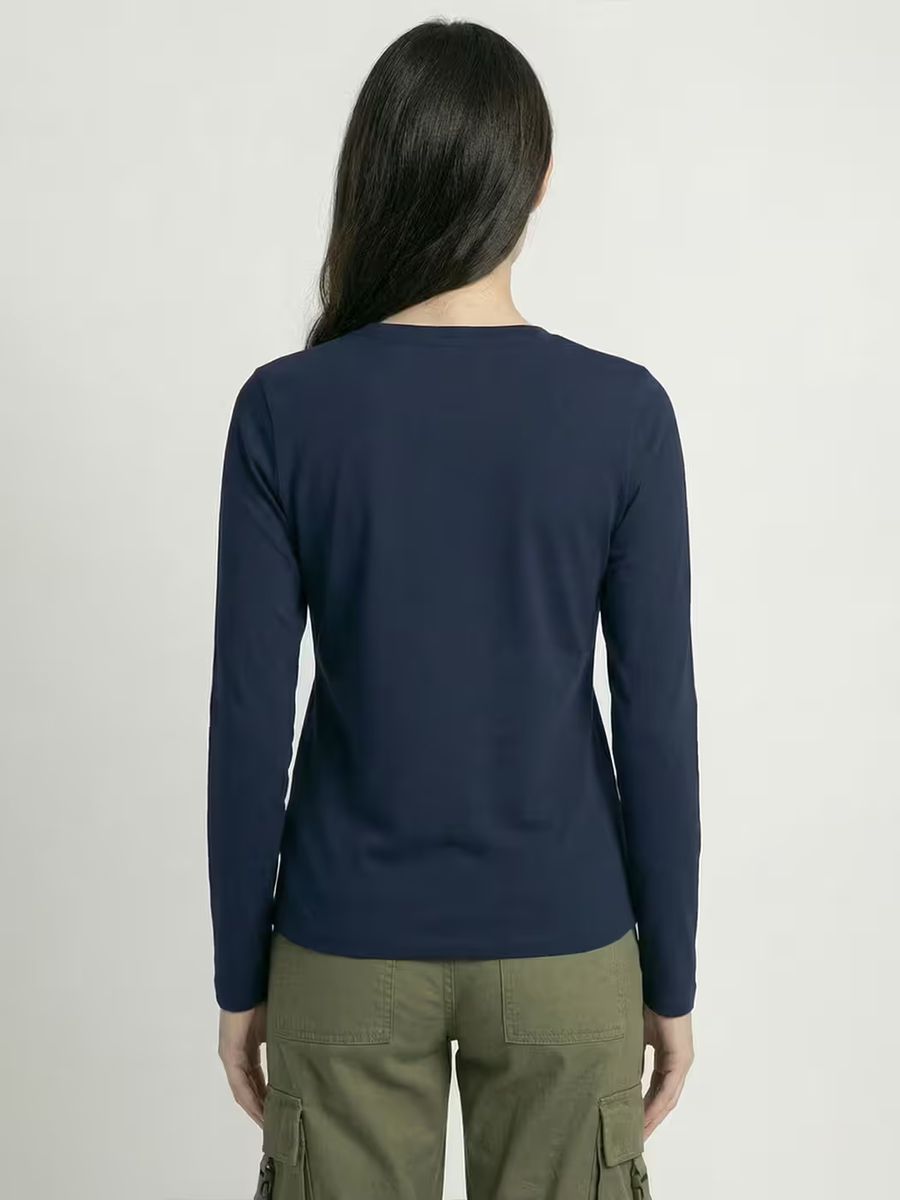 Women's Plain Navy Blue Full Sleeve Round Neck T-Shirt 2